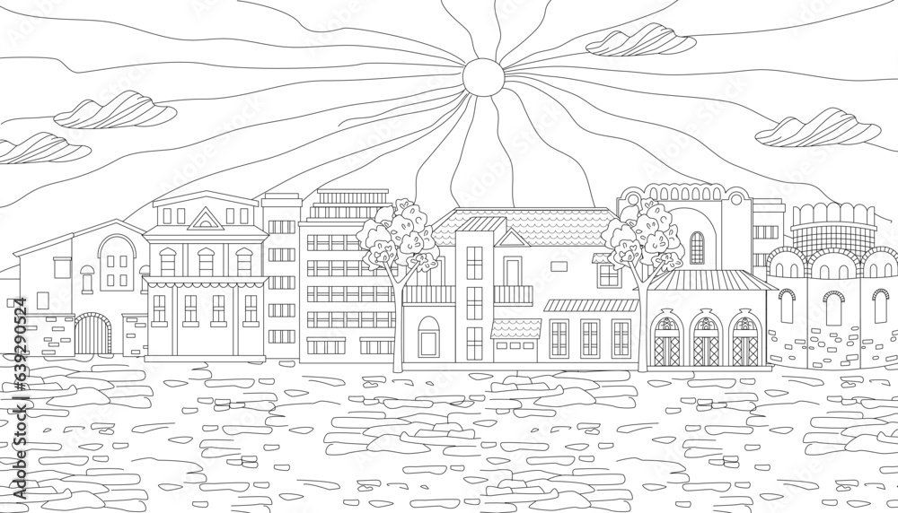 Obraz premium colouring book page for adult and children with sunny cityscape.