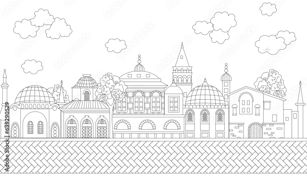 colouring book page for adult and children with cloudy cityscape