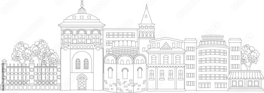outlined panorama of cityscape with  old houses, towers, ornate