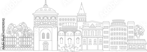 outlined panorama of cityscape with old houses, towers, ornate