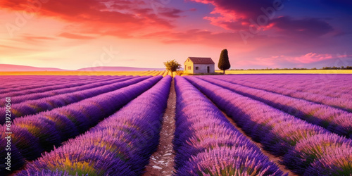 Beautiful purple lavender fields at sunset, Valensole, Provence, France, Europe