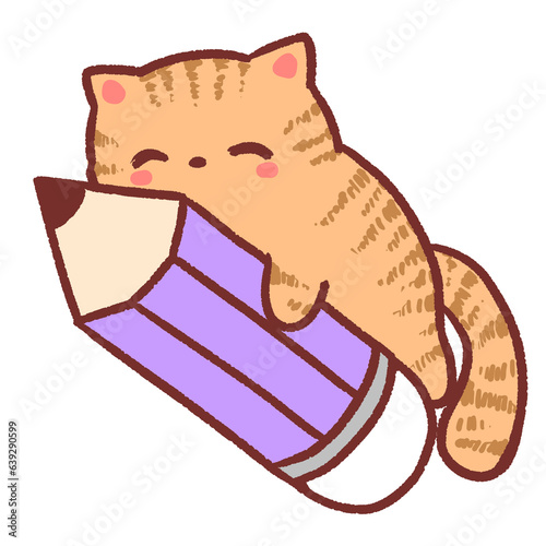 Ginger cat with a purple pencil