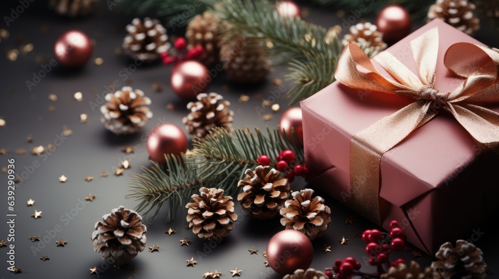 Holiday background for Christmas and New Year. Xmas greeting card. Christmas gifts on beautiful background top view. Noel. Flat lay Holiday background for Christmas and New Year. Xmas greeting card. Christmas gifts on beautiful background top view. Noel. Flat lay