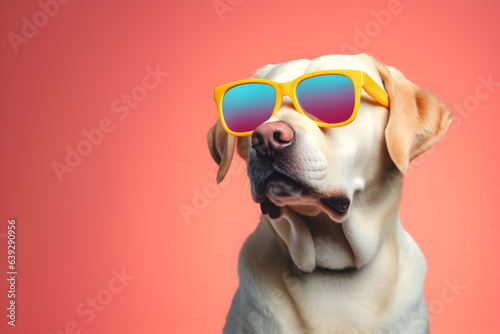 Creative animal concept. Labrador Retriever dog puppy in sunglass shade glasses isolated on solid pastel background, commercial, editorial advertisement, surreal surrealism © Sandra Chia
