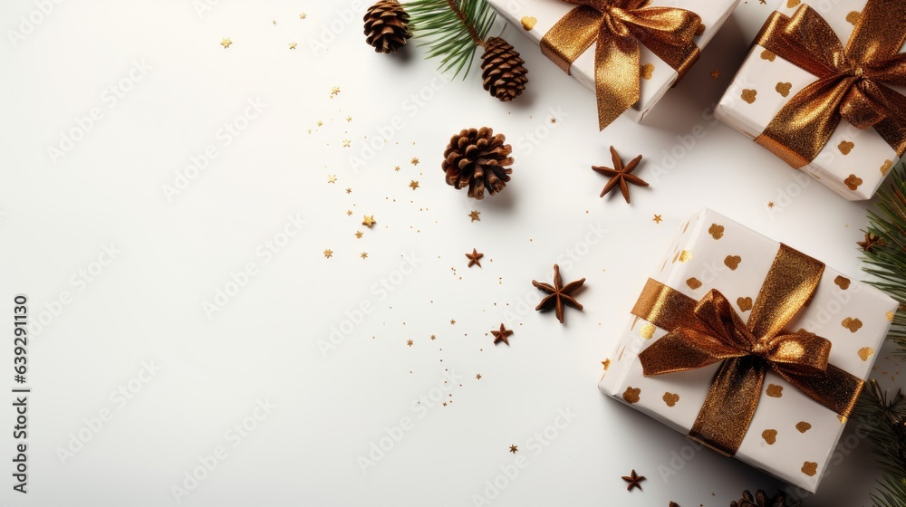 Holiday background for Christmas and New Year. Xmas greeting card. Christmas gifts on beautiful background top view. Noel. Flat lay Holiday background for Christmas and New Year. Xmas greeting card. Christmas gifts on beautiful background top view. Noel. Flat lay