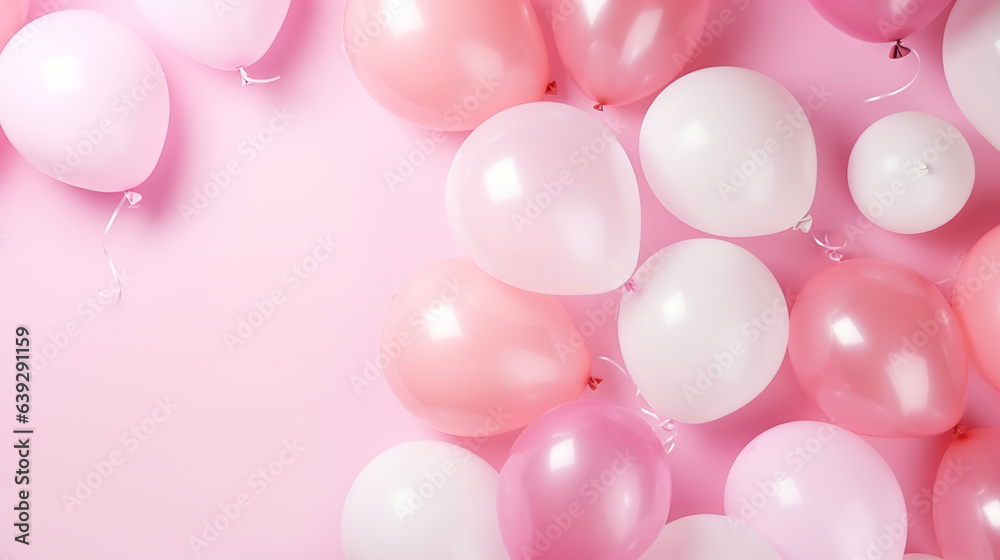 Balloons on pastel pink background. Frame made of white and pink balloons. Birthday, holiday concept. Flat lay, top view, copy space