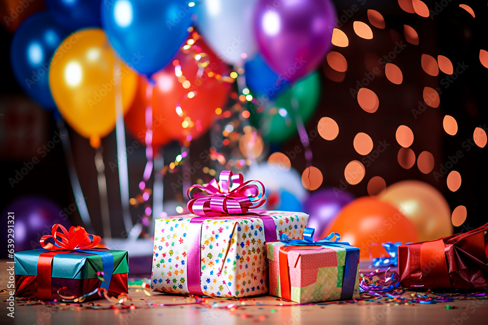 gift boxes and colorful balloons on bokeh background close up. selective focus. gift boxes and colorful balloons on bokeh background close up. selective focus.