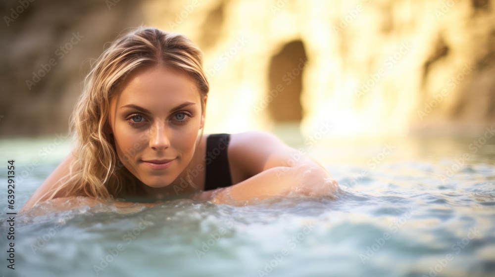 A lovely young woman enjoys a bath in the natural thermal waters under the radiant sunlight