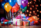 gift boxes and colorful balloons on bokeh background close up. selective focus.  