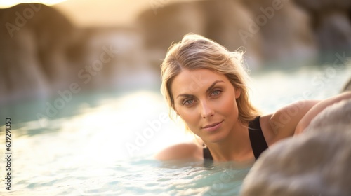 A lovely young woman enjoys a bath in the natural thermal waters under the radiant sunlight