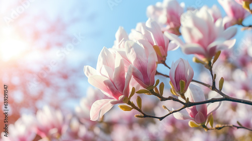 Blooming magnolia tree in the spring sun rays. Selective focus. Copy space. Easter, blossom spring, sunny woman day concept. Pink purple magnolia flowers in blue summer sky