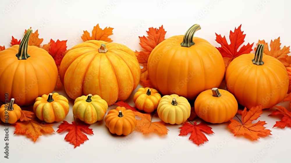 Pumpkins with fall leaves over white background. Pumpkins with fall leaves over white background.