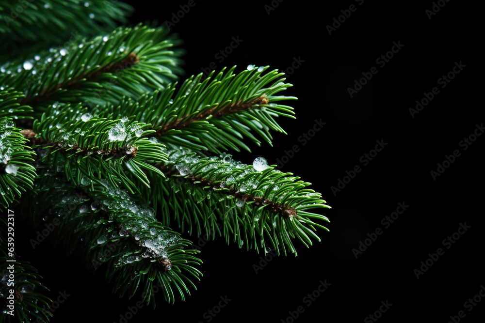 Fresh green fir branch close up with snow and copy space isolated on black background
