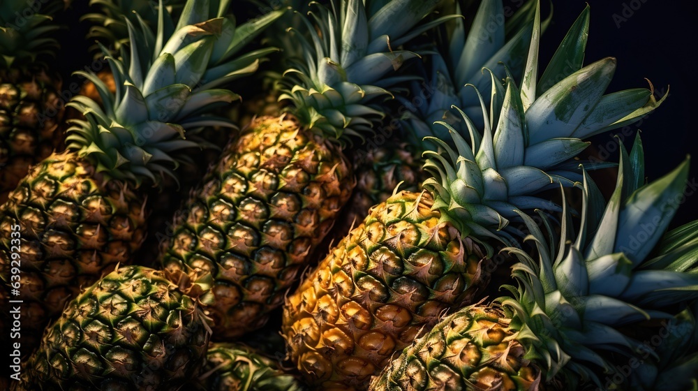 Fototapeta premium Realistic photo of a bunch of pineapples. top view fruit scenery