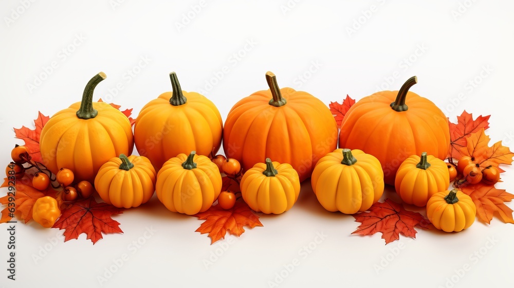 Pumpkins with fall leaves over white background. Pumpkins with fall leaves over white background.
