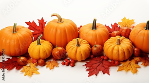 Pumpkins with fall leaves over white background.