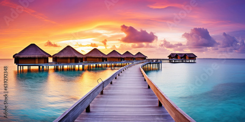 Sunset on Maldives island, luxury water villas resort and wooden pier. Beautiful sky and clouds and beach background for summer vacation holiday and travel concept