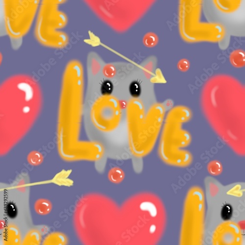 cute kawaii animal cats and hearts seamless abstract pattern background fabric fashion design print wrapping paper digital illustration art texture textile wallpaper apparel image