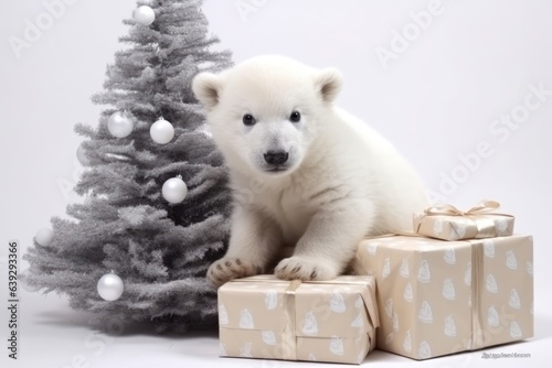 baby polar bear with christmas gift boxes on white background