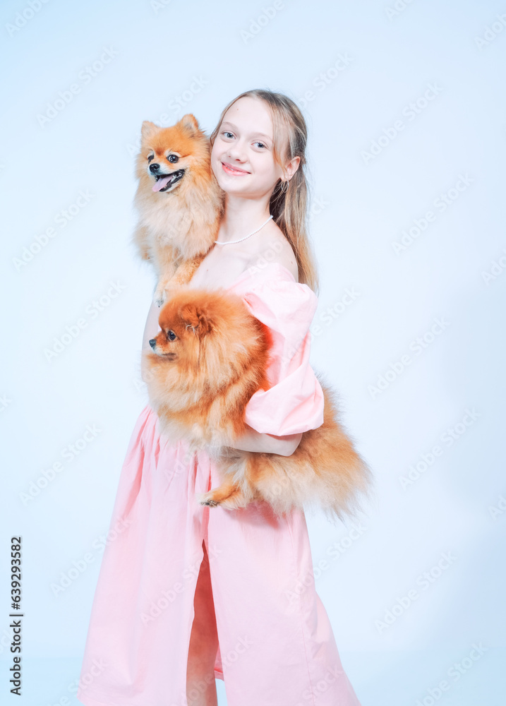 Girl in a pink dress with dogs on a white background Girl in a pink dress with dogs on a white background