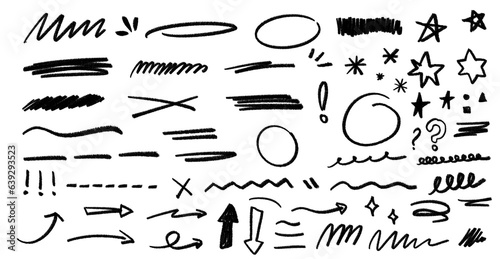 illustration set of grungy doodles for daily planner, hand drawn notebook sheets and arrows. Pencil goodnotes digital stickers, hand drawn textured underlines and strikethrough, scribble emphasis 
