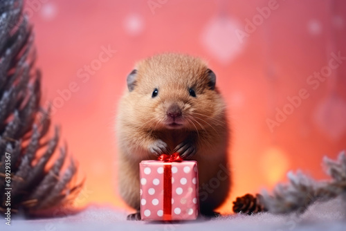 baby rodent beaver with christmas gift box on pink background © gankevstock