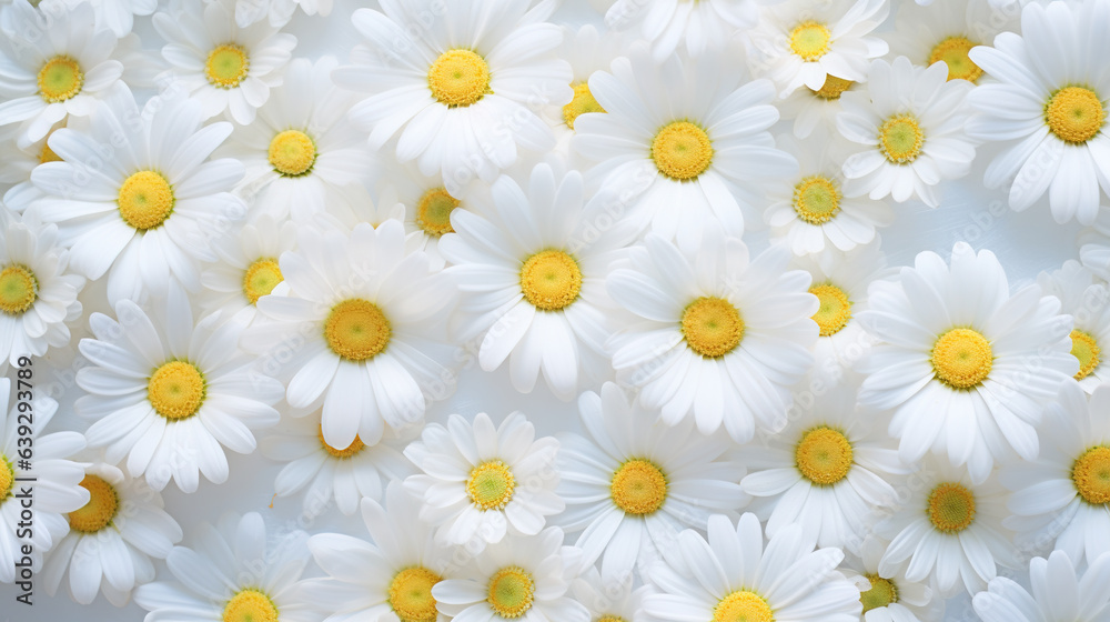 White Daisy flowers, Chamomiles background top view, spring nature, flowers background modern design