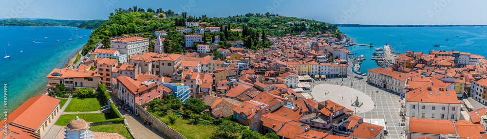 A panorama view west from the cathedral tower in the town of Piran, Slovenia in summertime