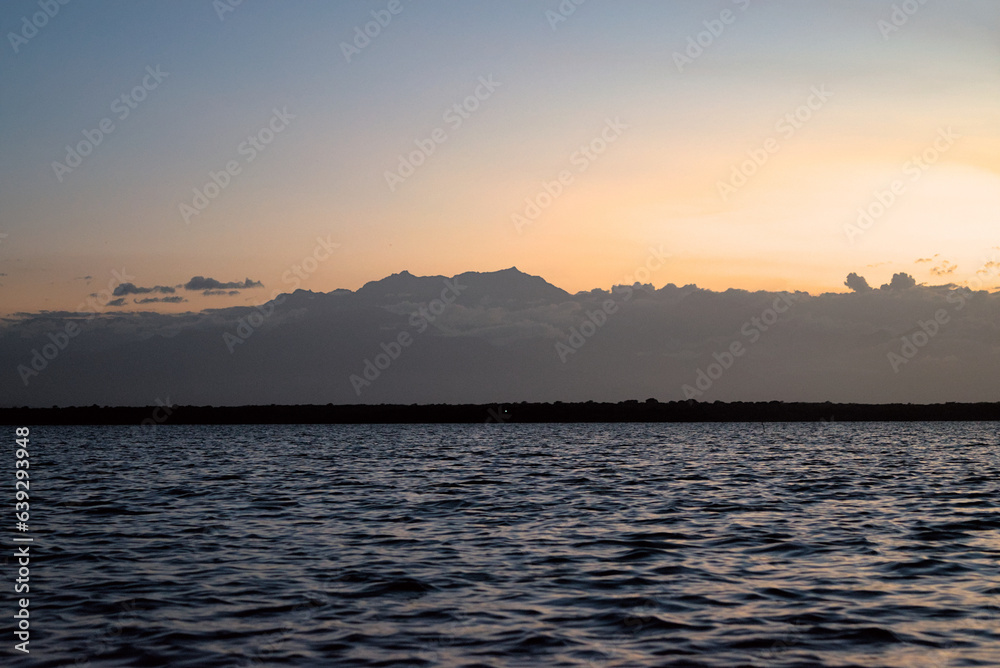 Los Flamencos National Reserve, Colombia - January 2 2023: Sunset sea close-up view romantic beautiful background