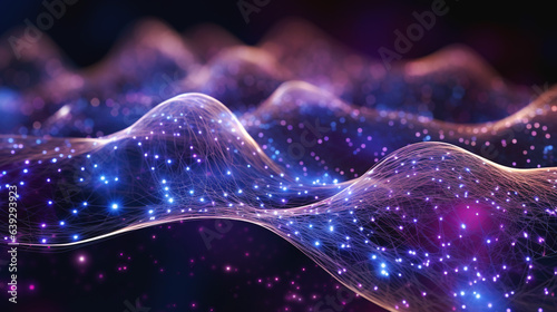  Abstract background with purplish-blue glow nanoparticles. Abstract models of molecules, evoking associations with scientific research. Banner. Generative Ai content.