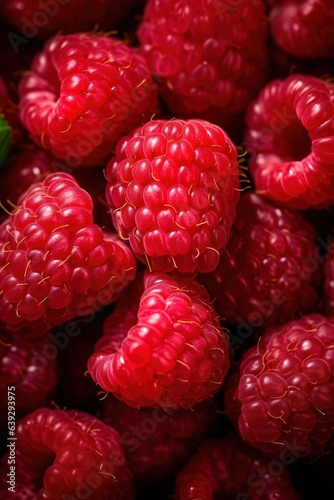 Realistic photo of a bunch of raspberries. top view fruit scenery