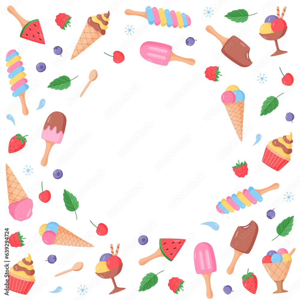 Ice cream and berries set of bright colored icons. Vector illustration of summer desserts popsicles, ice cream in waffle cones, strawberry cherry raspberry mint blueberry. Ice cream and berries set of bright colored icons. Vector illustration of summer desserts popsicles, ice cream in waffle cones, strawberry cherry raspberry mint blueberry.