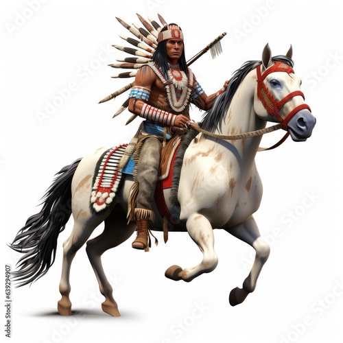 Indigenous man warrior on the horse in traditional clothing costume. Isolated on white background clipart. 3d cartoon character style.
