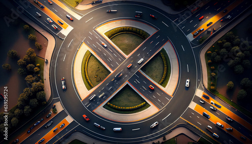 View of highway, traffic in roundabouts is part of everyday life, traffic light trails on the road, Ai generated image 