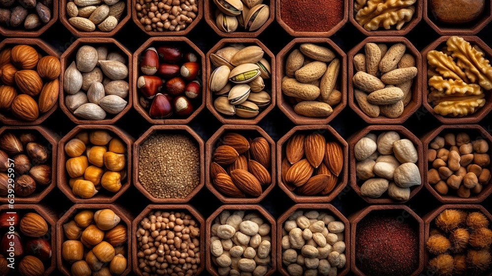 Realistic photo of different kind of nuts. top view nuts scenery