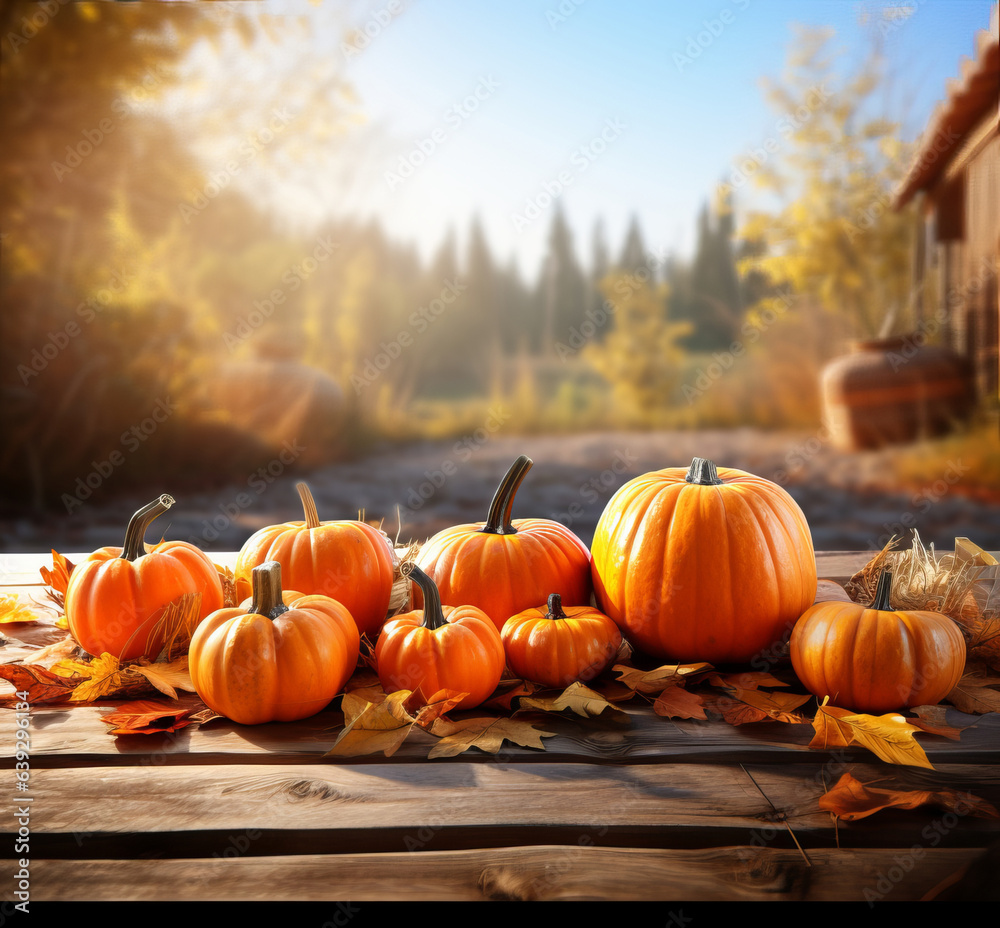 Pumpkins with fall leaves over wooden background. Pumpkins with fall leaves over wooden background.