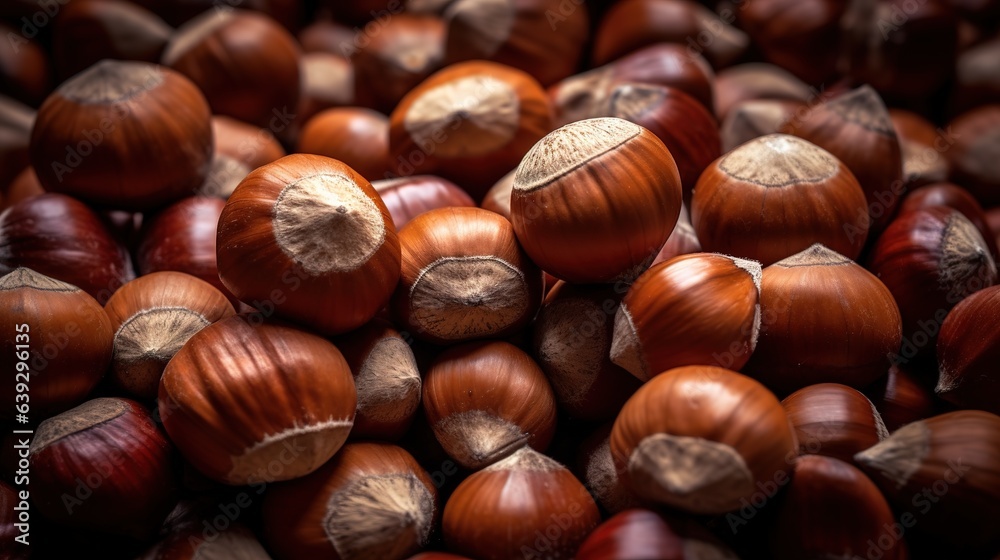 Realistic photo of a bunch of hazelnuts. top view nuts scenery Realistic photo of a bunch of hazelnuts. top view nuts scenery