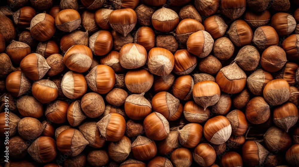 Realistic photo of a bunch of hazelnuts. top view nuts scenery Realistic photo of a bunch of hazelnuts. top view nuts scenery
