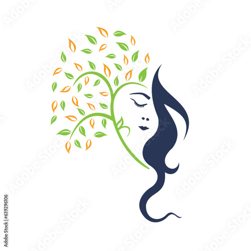 Woman Tree Vector Template Design. Woman Face Leaf Vector Design.	