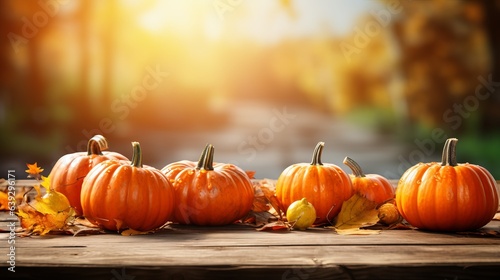 Pumpkins with fall leaves over wooden background.