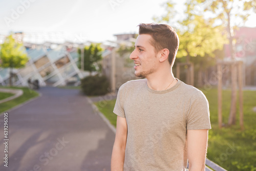 Bilde på lerret Portrait of young caucasian serene man outdoors carefree