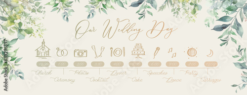 Wedding Timeline menu on wedding day. Our wedding day calligraphy inscription.