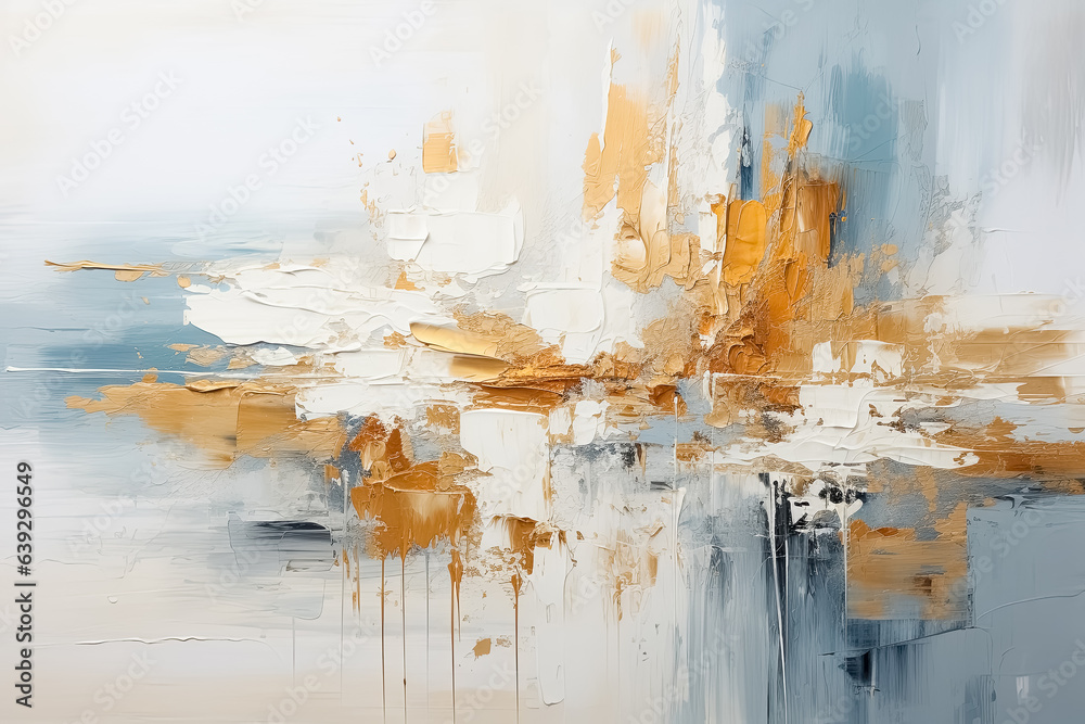 Ölmalerei mit abstrakten haptischen dynamischen Linien und von Pinselstrichen und Farbspachtelauftrag in Weiß, Gold und Schwarz und Blaugrau auf Leinwand als Hintergrundtextur.