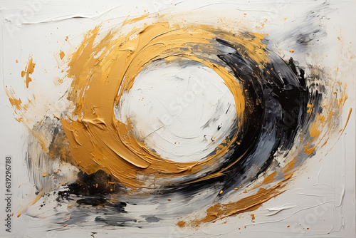 Ölmalerei mit abstrakten haptischen Kreis von dynamischen Pinselstrichen und Farbspachtelauftrag in Weiß, Gold und Schwarz auf Leinwand als Hintergrundtextur.