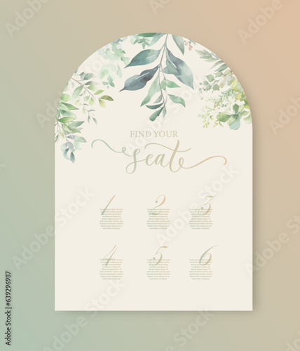 Find your seat wedding card with green watercolor botanical leaves. Abstract floral art background vector design.