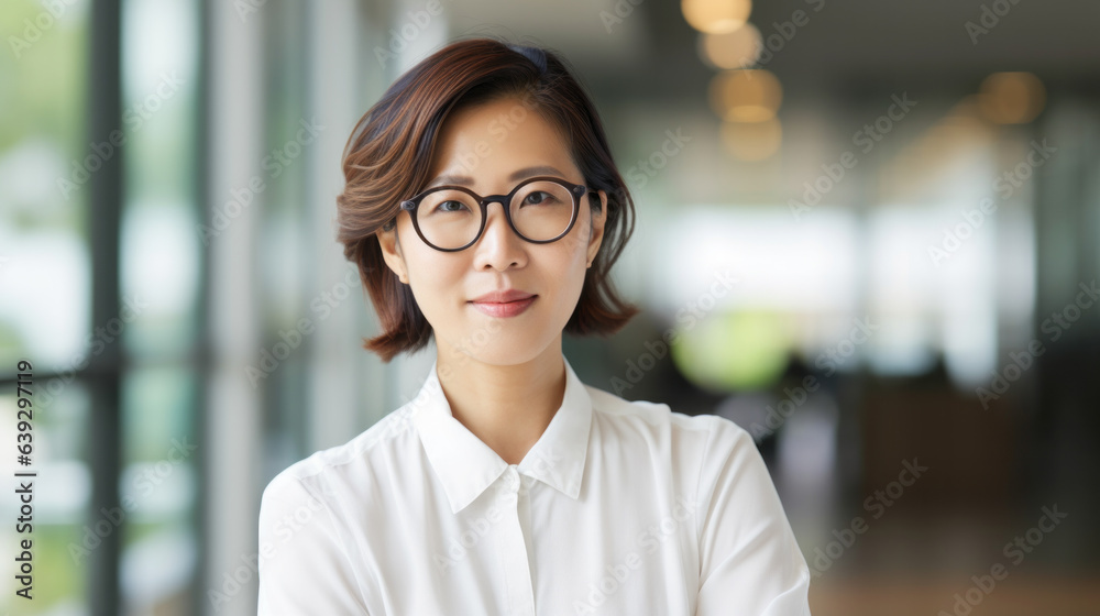 Pretty 45 years old Korean business woman, wearing glasses, formal slick hairstyle, in a modern office building, wearing white shirt, beside a huge window Pretty 45 years old Korean business woman, wearing glasses, formal slick hairstyle, in a modern office building, wearing white shirt, beside a huge window
