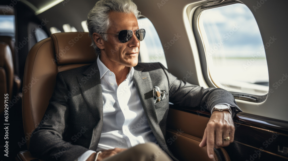 Rich billionaire mature man on a seat of his private jet looking through the plane window Rich billionaire mature man on a seat of his private jet looking through the plane window