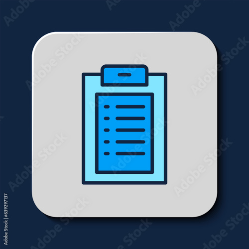 Filled outline Medical clipboard with clinical record icon isolated on blue background. Health insurance form. Prescription, medical check marks report. Vector
