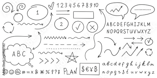 Arrow circles and abstract doodle icon in hand drawn style. Number vector illustration on isolated background. Letters, arrows sign business concept.
