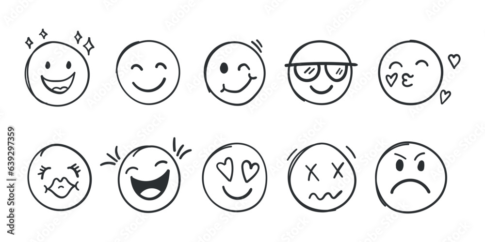 Emojis faces icon in hand drawn style. Doddle emoticons vector illustration on isolated background. Happy and sad face sign business concept. Emojis faces icon in hand drawn style. Doddle emoticons vector illustration on isolated background. Happy and sad face sign business concept.